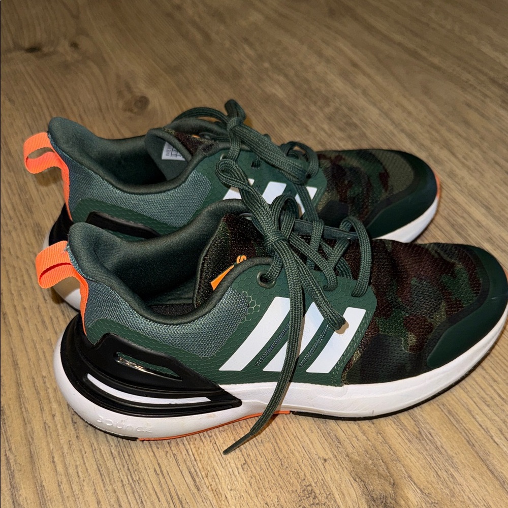 Adidas camouflage and orange tennis shoes boys size 2